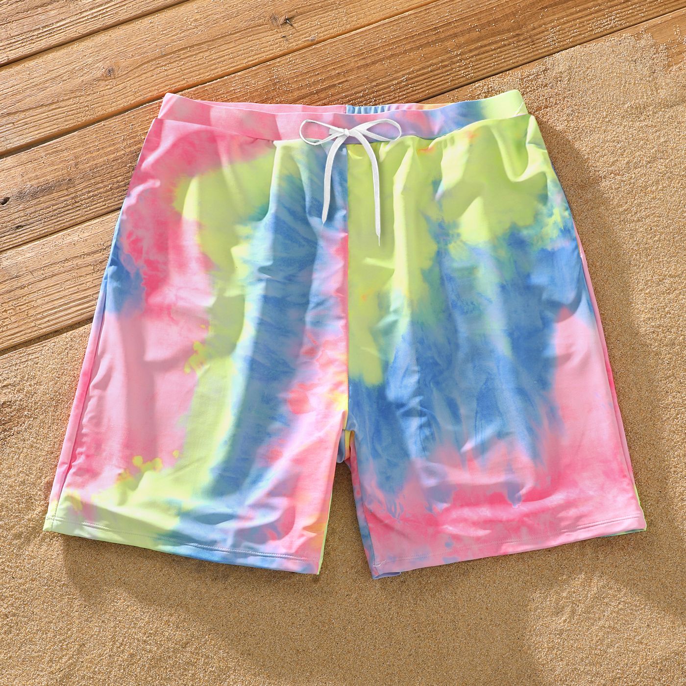 Family Matching Tie Dye V Neck Self-tie Hollow Out Spaghetti Strap One-Piece Swimsuit And Swim Trunks Shorts