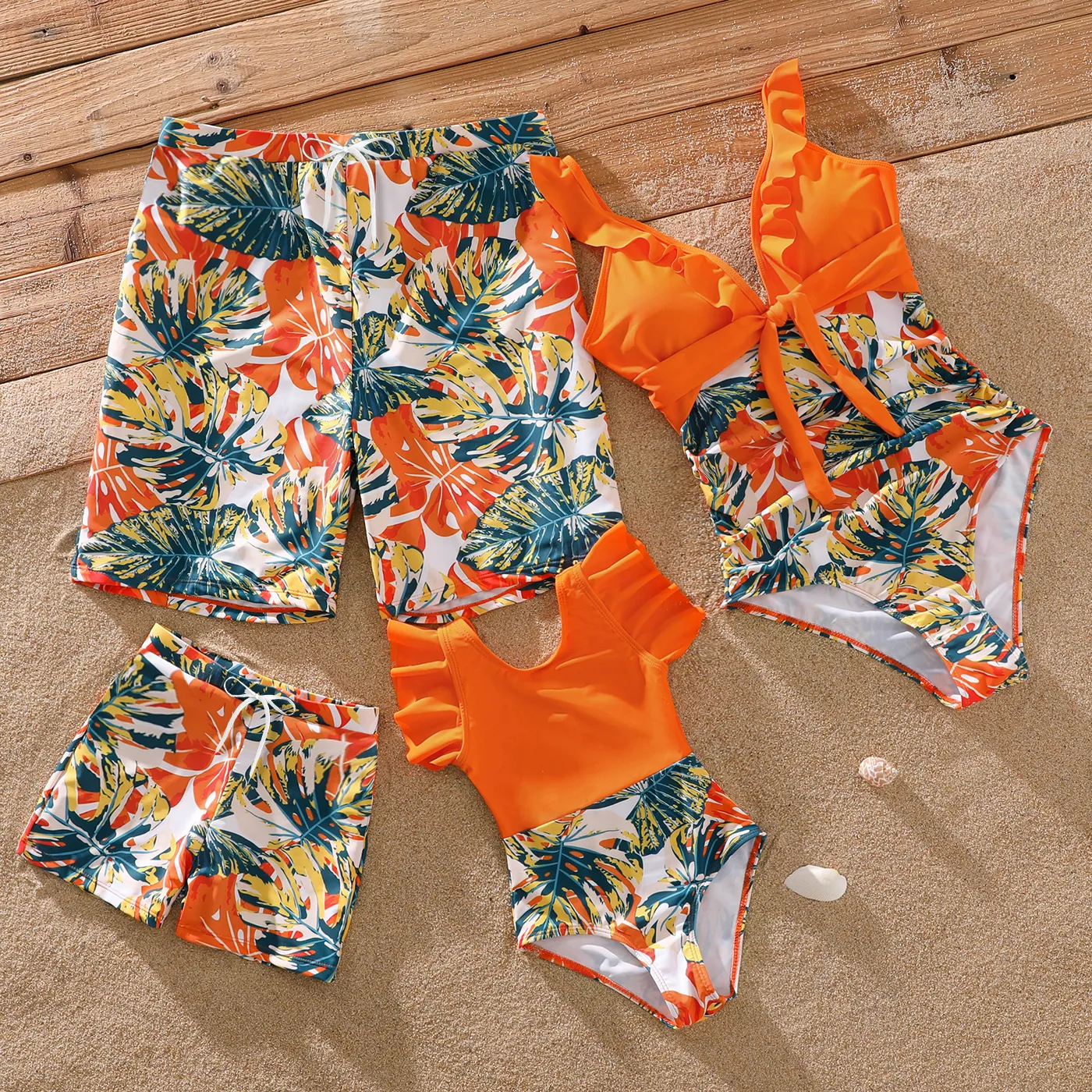Family Matching Orange and All Over Tropical Plant Print Splicing Ruffle One-Piece Swimsuit and Swim Trunks Shorts