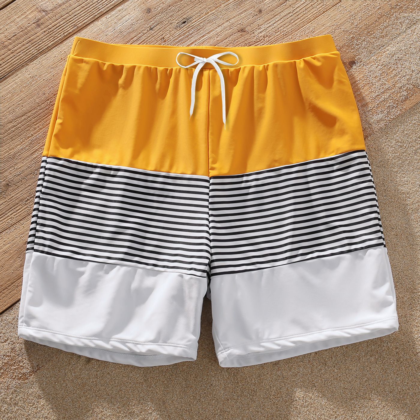 Family Matching Striped Colorblock Swim Trunks Shorts And Spaghetti Strap Splicing One-Piece Swimsuit