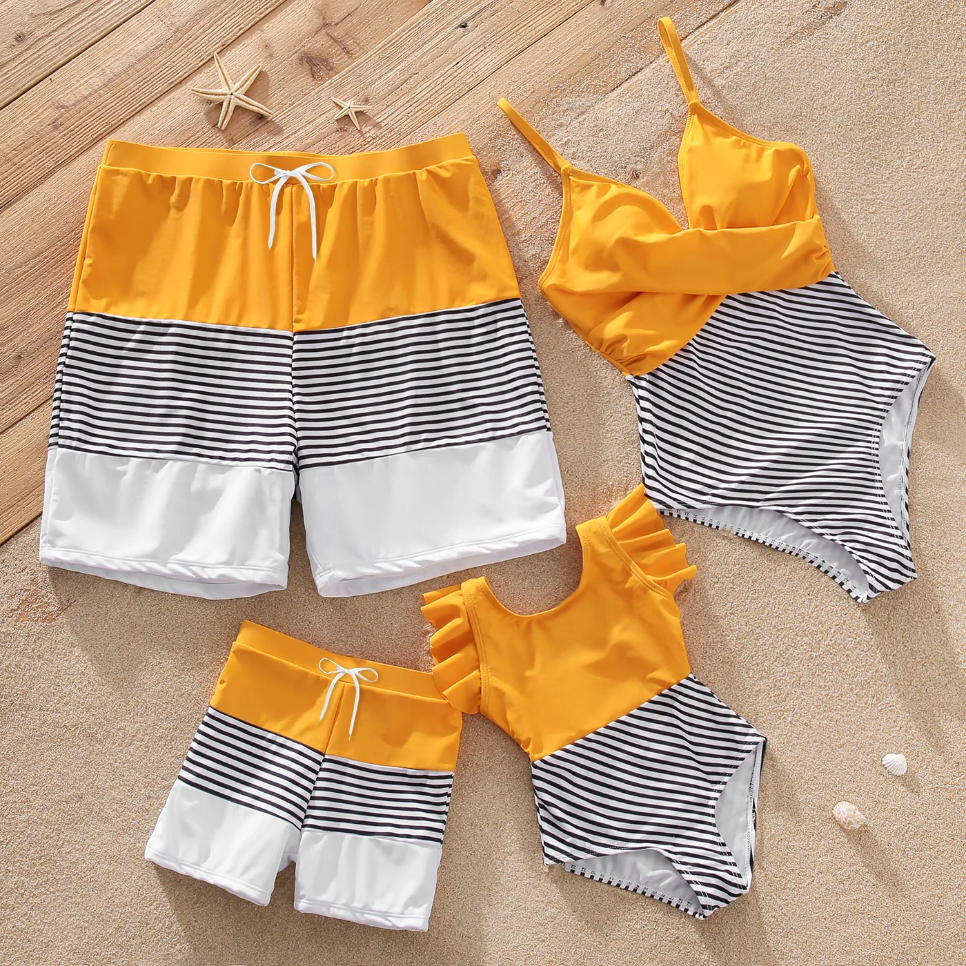 Family Matching Striped Colorblock Swim Trunks Shorts and Spaghetti Strap Splicing One-Piece Swimsuit Rudbeckia yellow image 2