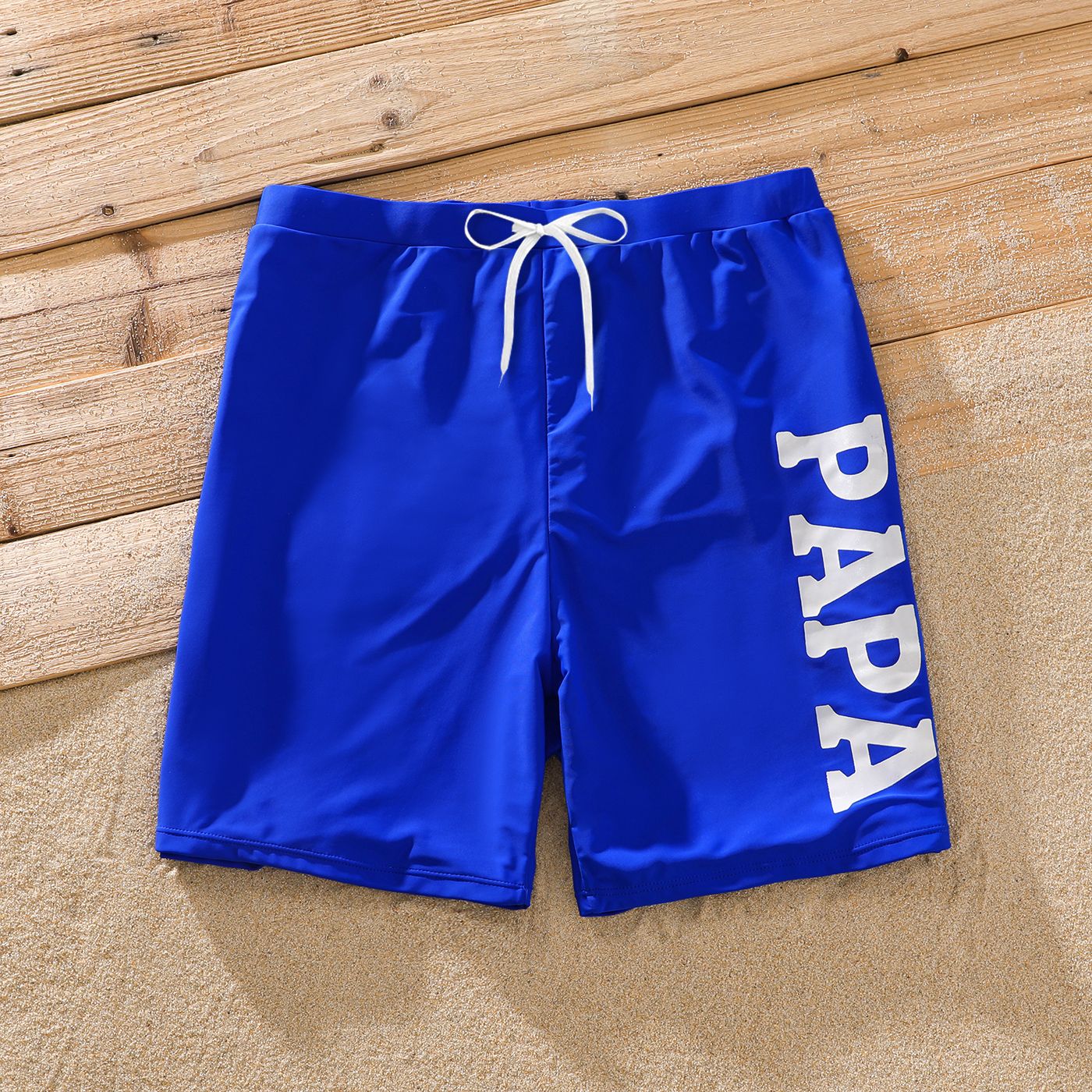 Family Matching Solid Fishnet Spliced One-Piece Swimsuit And Letter Print Swim Trunks Shorts
