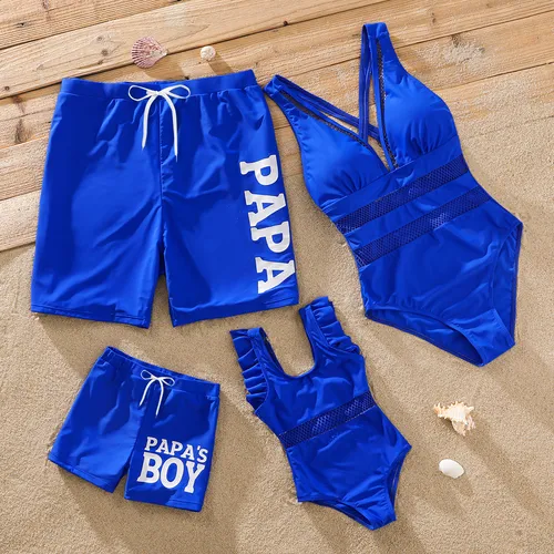 Family Matching Solid Fishnet Spliced One-Piece Swimsuit and Letter Print Swim Trunks Shorts