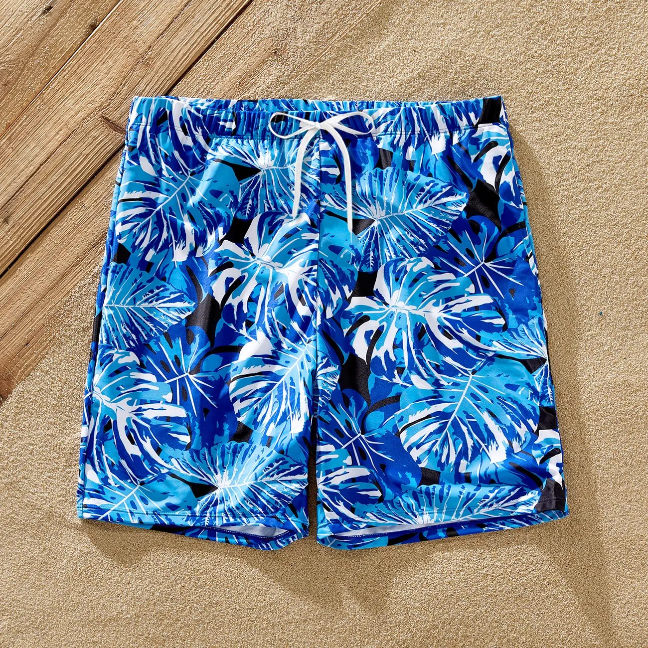 ملابس السباحة إطلالة العائلة للجنسين خياطة النسيج النباتات والزهور أزرق big image 1