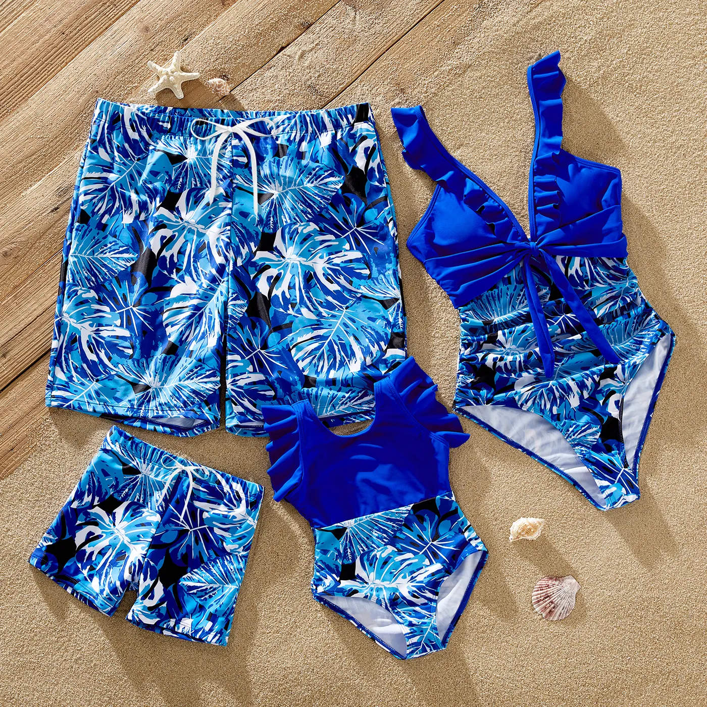 Family Matching Plant Print Swim Trunks and Blue Ruffle Trim Spliced One-piece Swimsuit