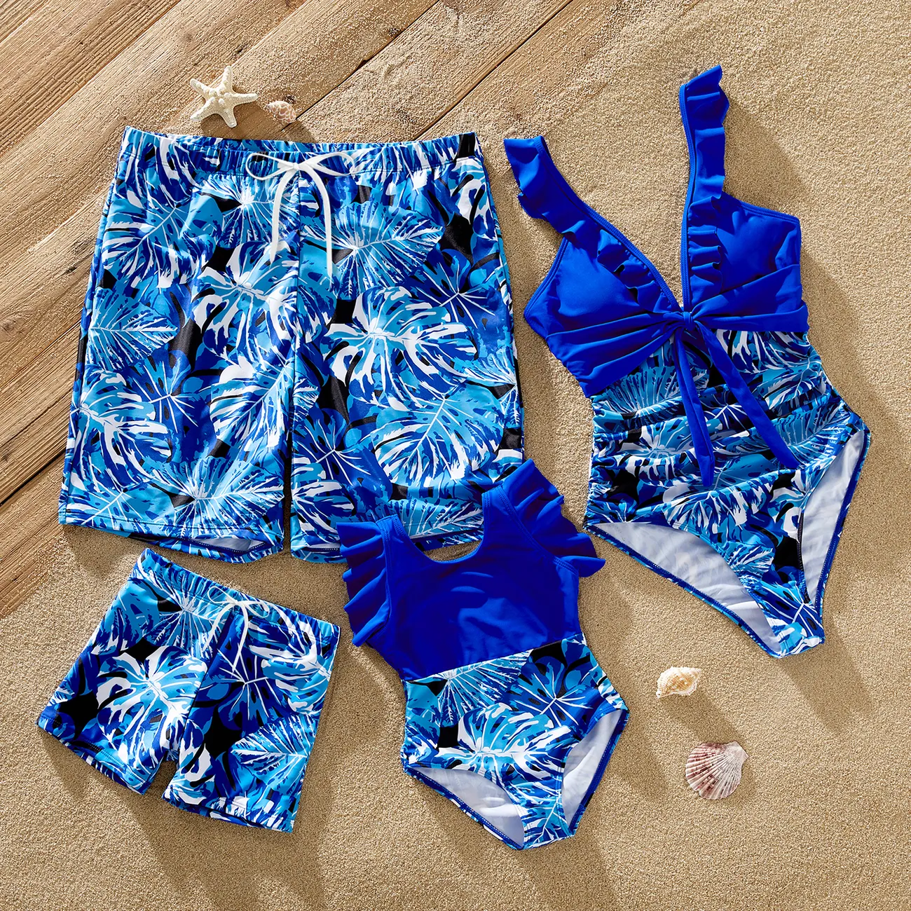 Family Matching Plant Print Swim Trunks and Blue Ruffle Trim Spliced One-piece Swimsuit Blue big image 1