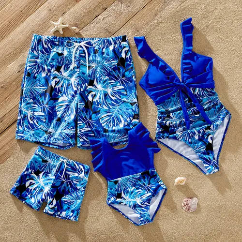 Family Matching Plant Print Swim Trunks and Blue Ruffle Trim Spliced One-piece Swimsuit