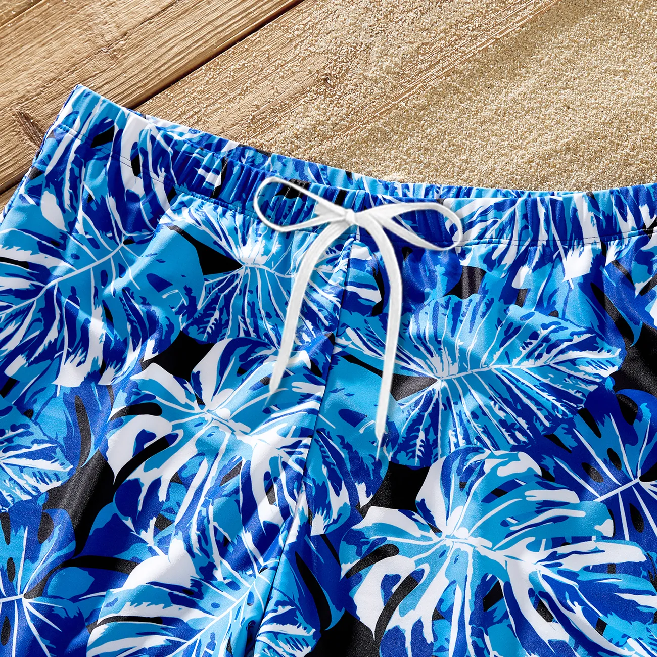 Family Matching Floral Drawstring Swim Trunks or Blue V Neck One-Piece Swimsuit (Quick-Dry) Blue big image 1