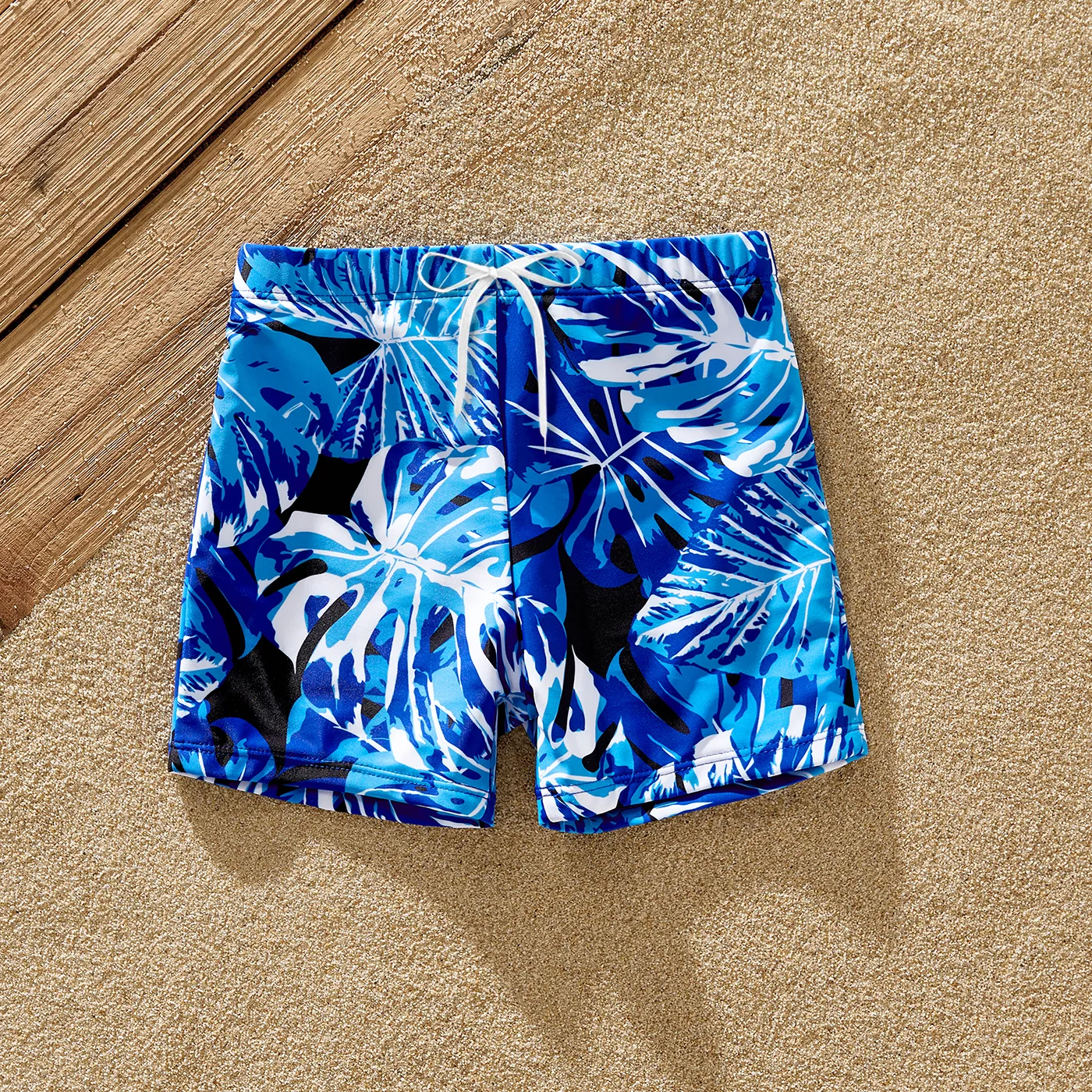 Family Matching Plant Print Swim Trunks And Blue Ruffle Trim Spliced One-piece Swimsuit
