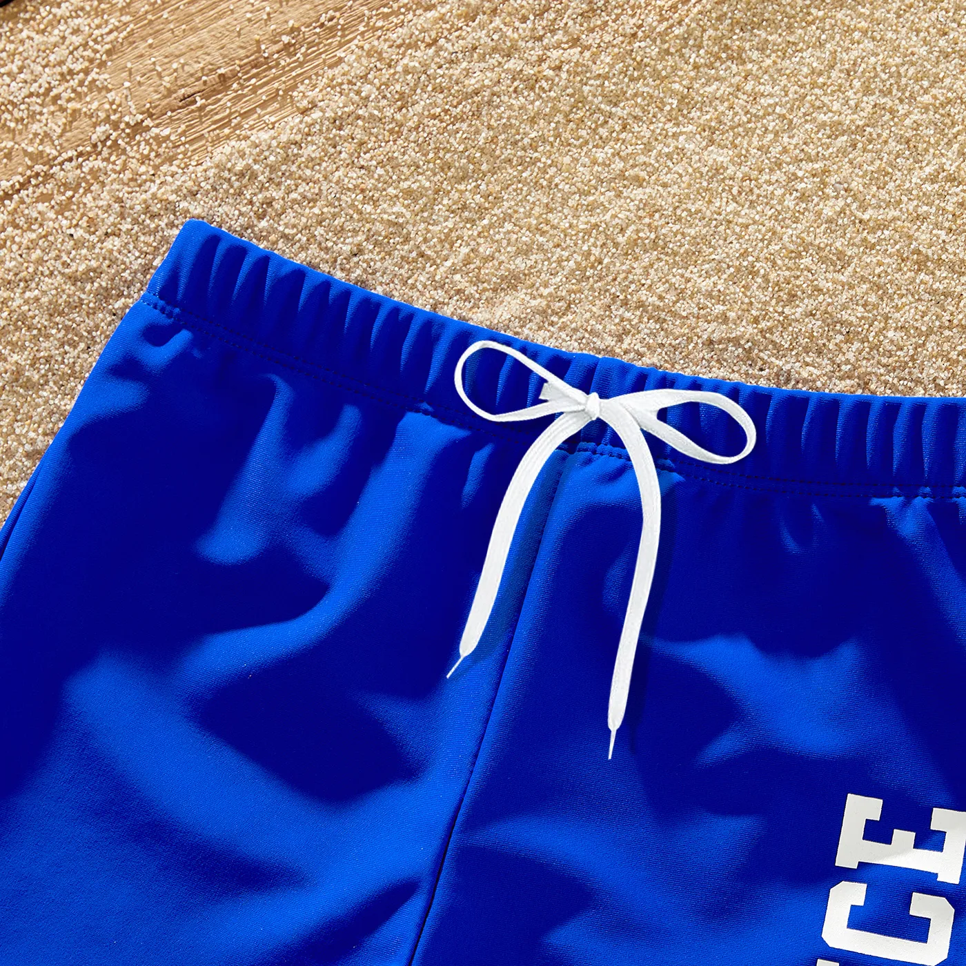 Family Matching Blue Ruffle Trim Two-piece Swimsuit and Letter Print Swim Trunks Blue image 5