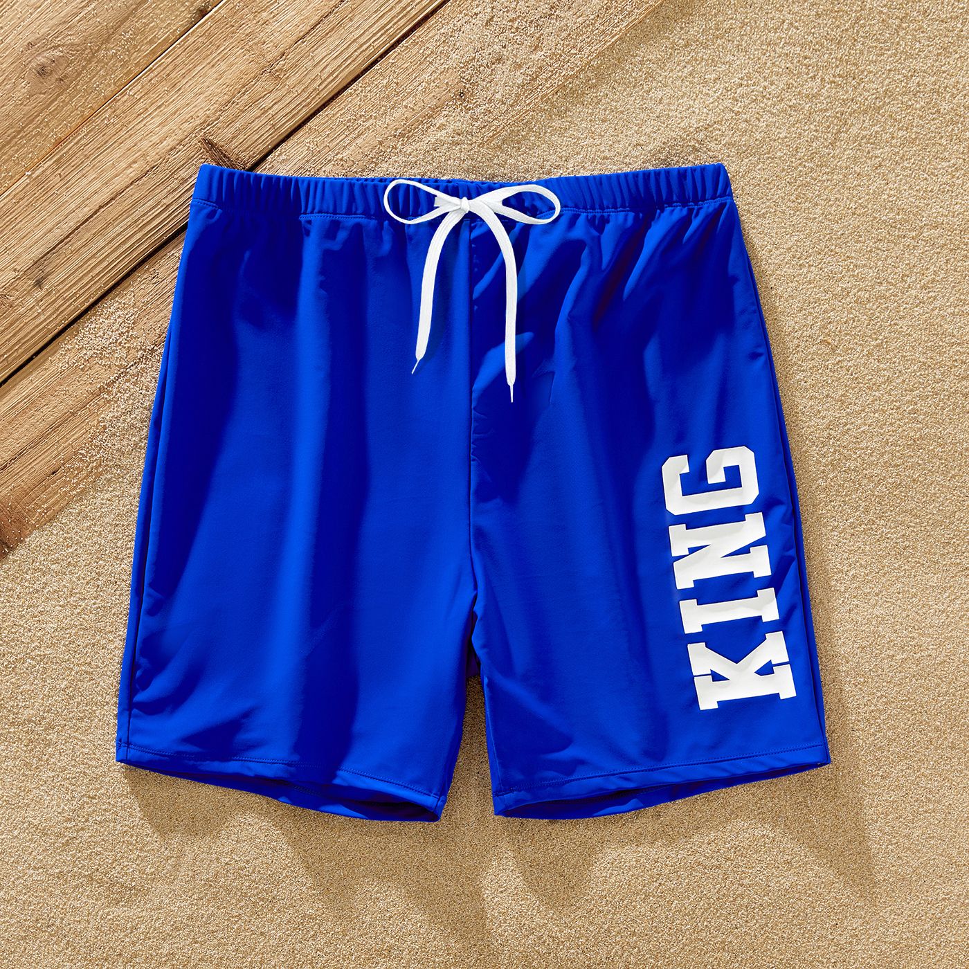 Family Matching Blue Ruffle Trim Two-piece Swimsuit And Letter Print Swim Trunks