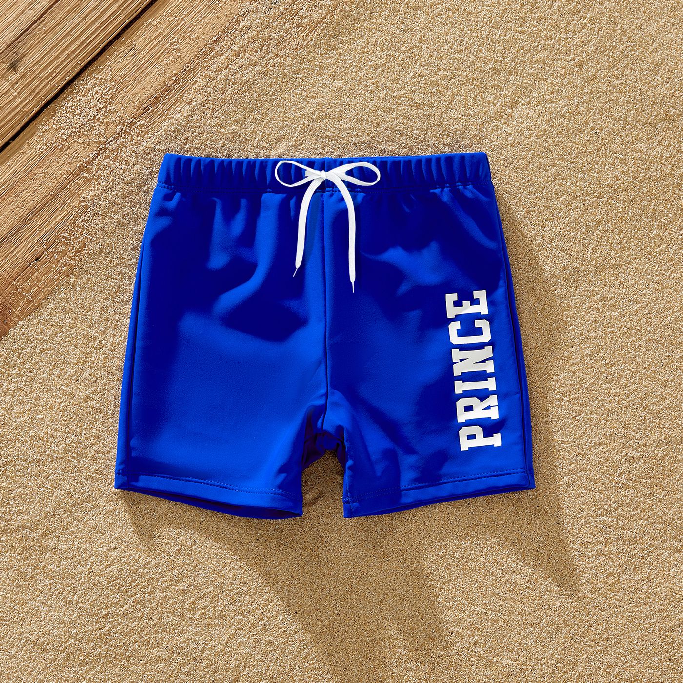 Family Matching Blue Ruffle Trim Two-piece Swimsuit And Letter Print Swim Trunks