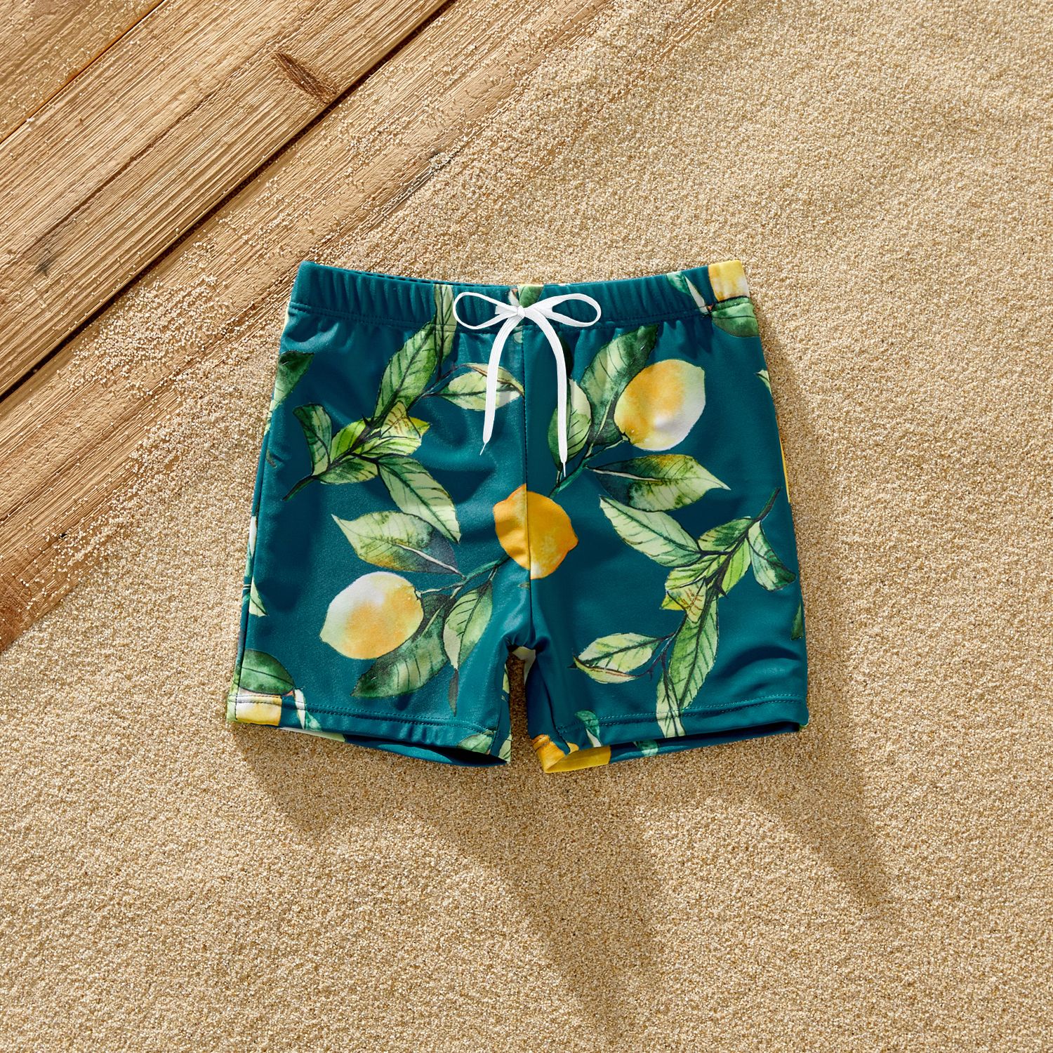 Family Matching Allover Lemon Print And Solid Halter Neck Two-piece Swimsuit Or Swim Trunks Shorts