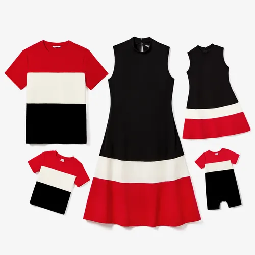 Conjuntos familiares de camiseta triple colorblock a juego y vestido con dobladillo con volantes de empalme