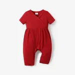 Baby Girl All Over Rabbit Print/Solid color/Floral print Ribbed V Neck Short-sleeve Jumpsuit WineRed