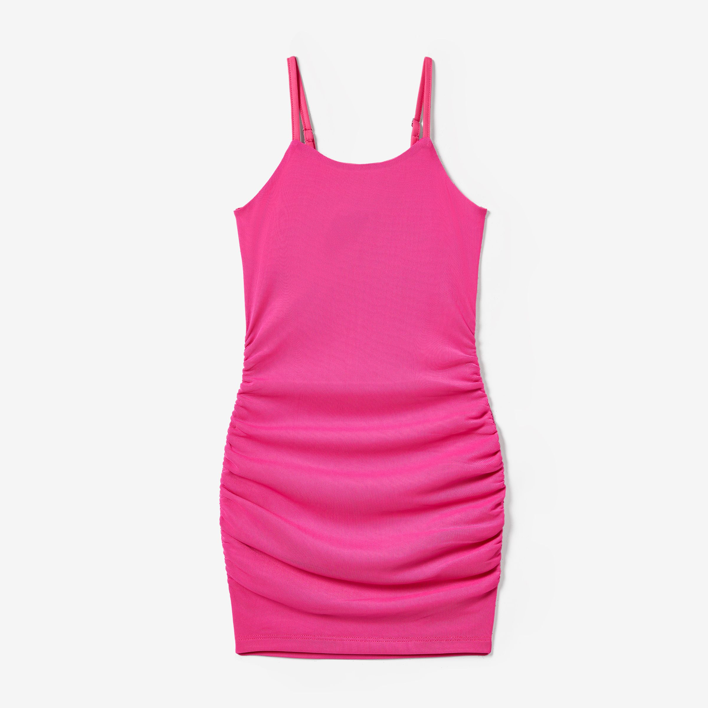 Mommy and Me Barbie Pink Ruched Bodycon Strap Dresses