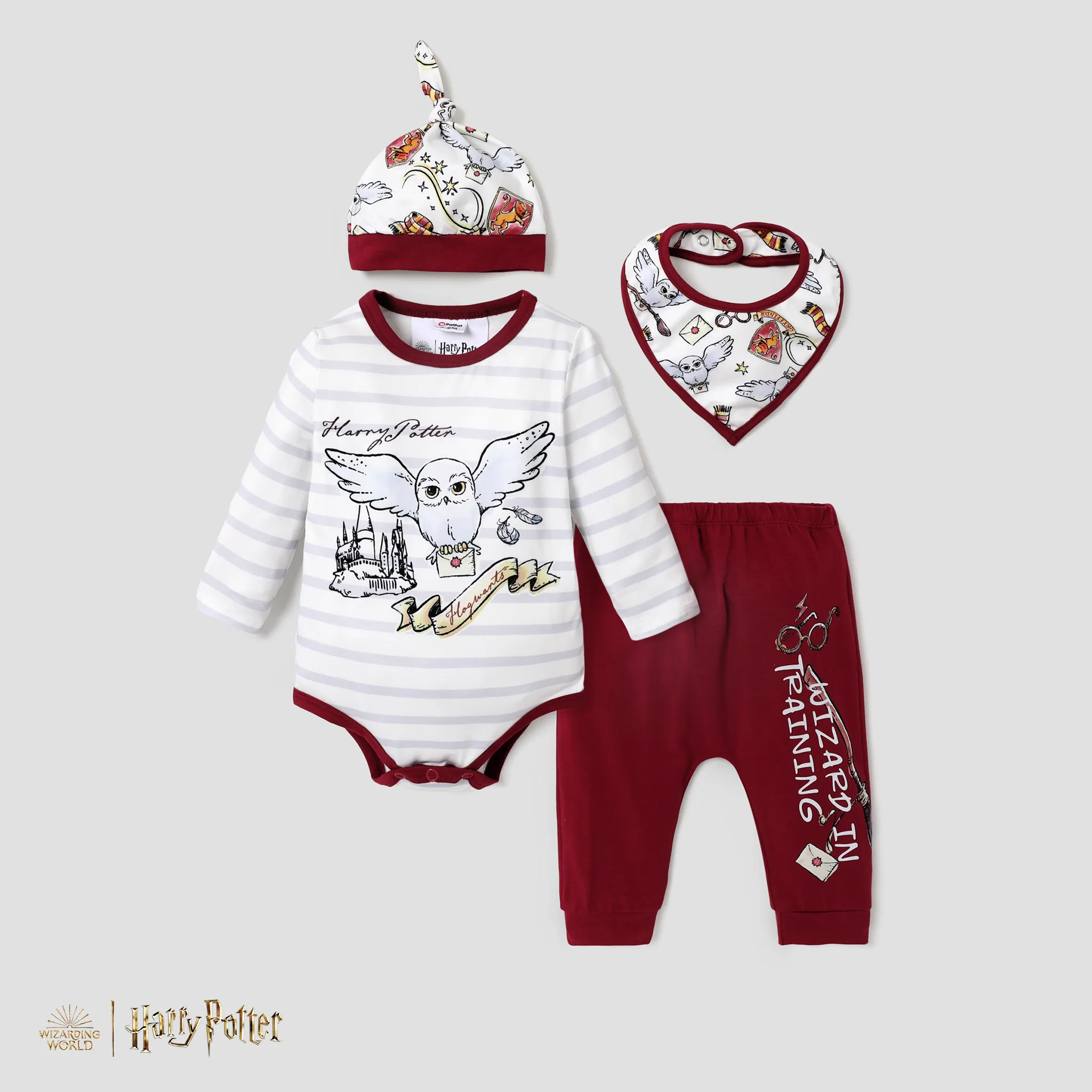 Harry Potter Baby Boy Big Eagle Graphic Long Sleeve Triangle Jumpsuit with Pants, Hat and Mouthband Set Brick red big image 1