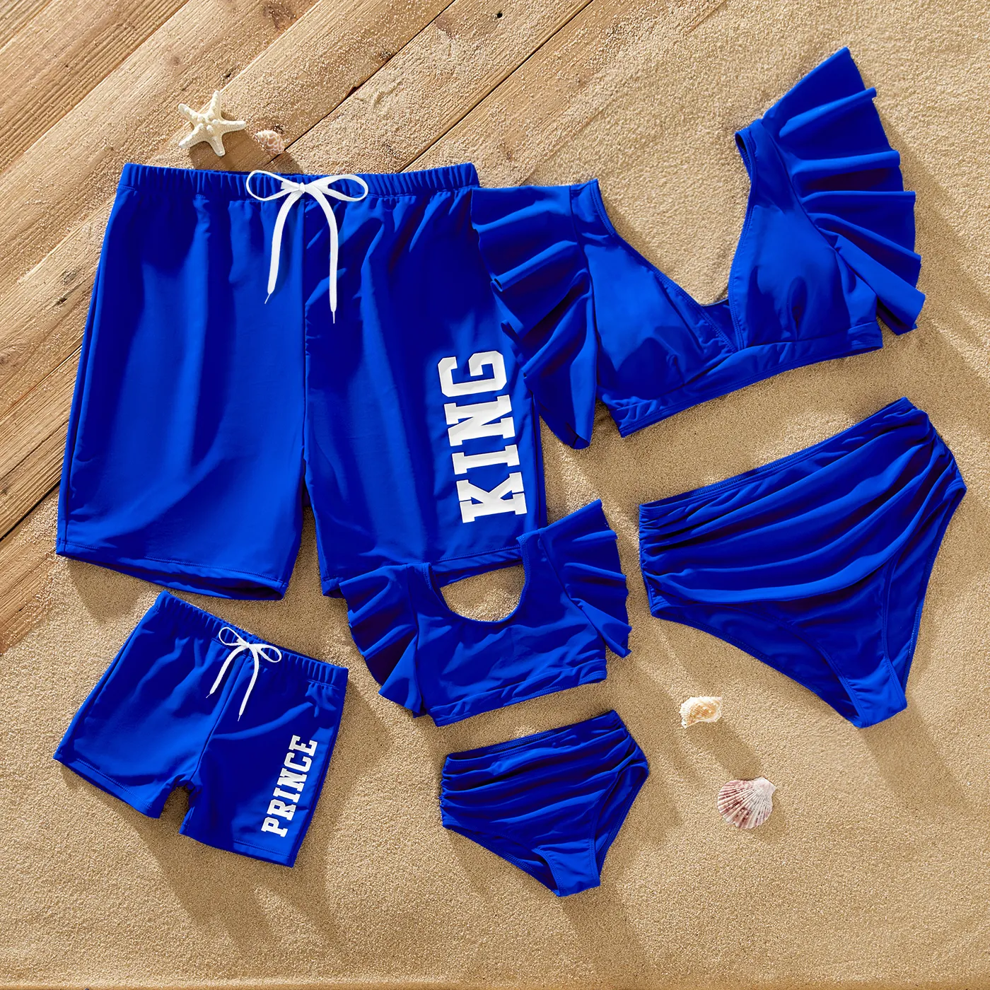 Family Matching Blue Ruffle Trim Two-piece Swimsuit and Letter Print Swim Trunks Blue image 2