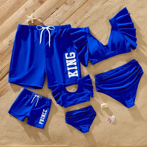 Family Matching Blue Ruffle Trim Two-piece Swimsuit and Letter Print Swim Trunks