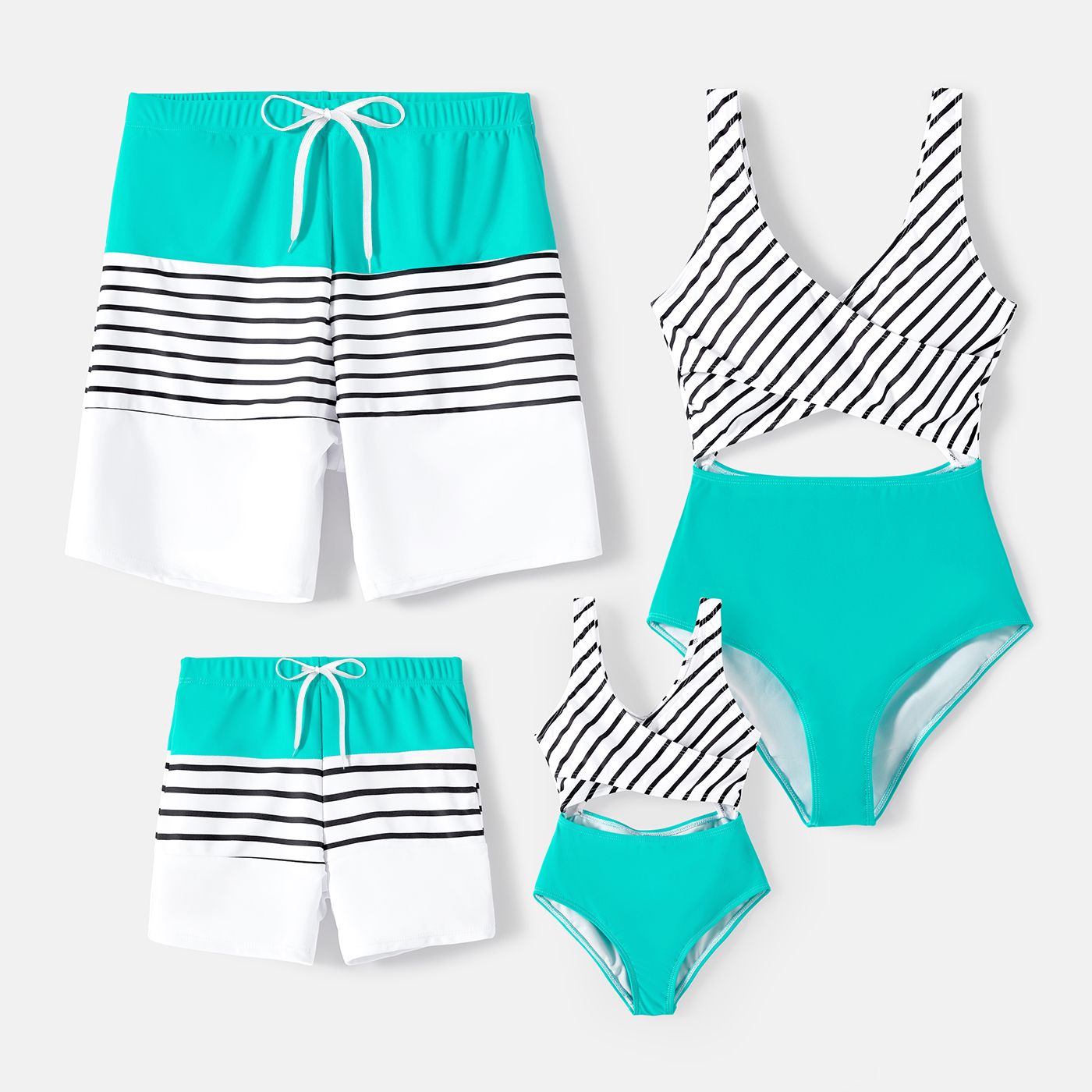 Family Matching Striped Spliced Cut Out One-piece Swimsuit And Colorblock Swim Trunks