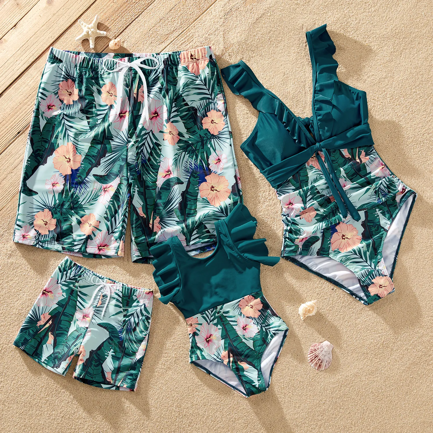 Family Matching Plant Print Ruffle Trim Spliced One-piece Swimsuit or Swim Trunks