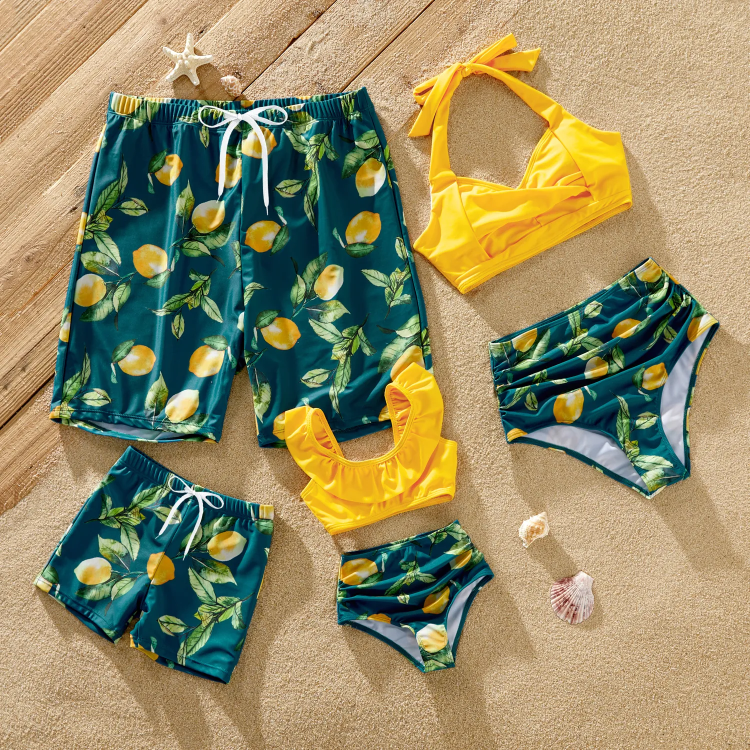 Family Matching Allover Lemon Print and Solid Halter Neck Two-piece Swimsuit or Swim Trunks Shorts