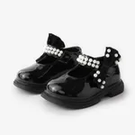  Toddler and Kids Girls' Sweet Bow & Faux-pearl Decor Velcro Leather Shoes Black