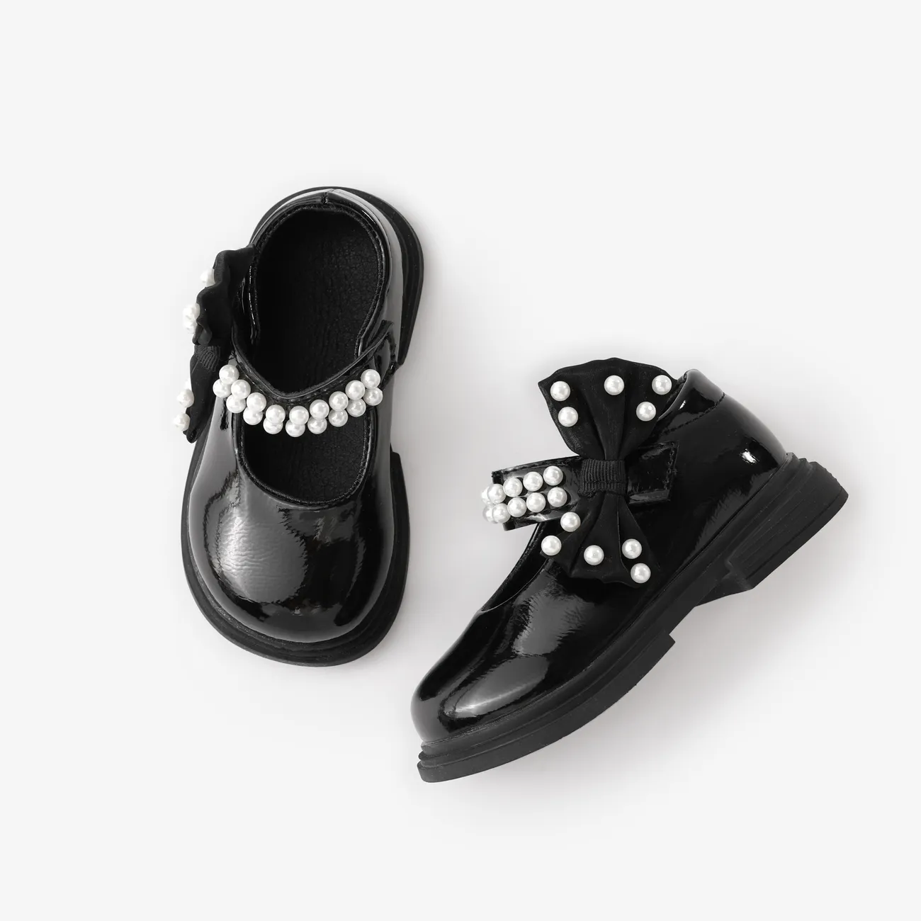  Toddler and Kids Girls' Sweet Bow & Faux-pearl Decor Velcro Leather Shoes Black big image 1