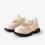  Toddler and Kids Girls' Sweet Bow & Faux-pearl Decor Velcro Leather Shoes Creamy White