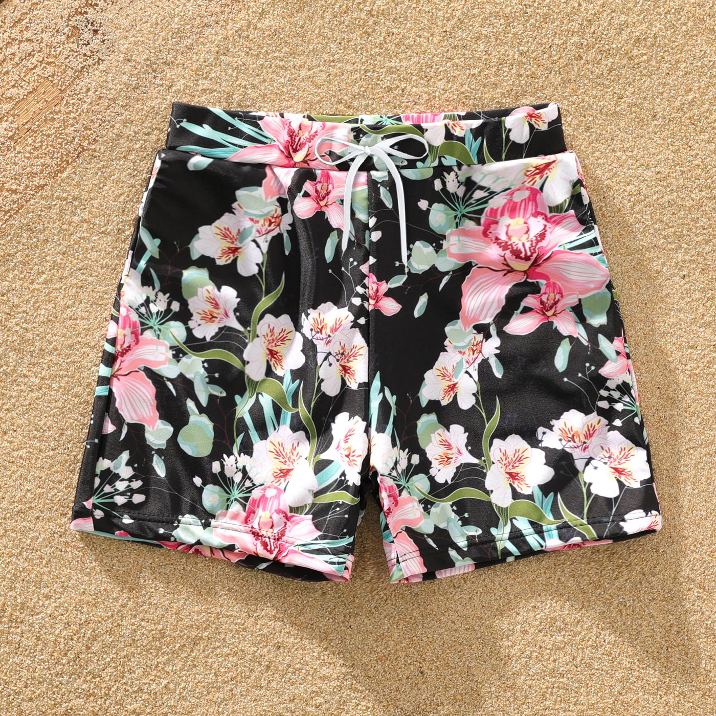 Family Matching Allover Floral Print Swim Trunks Shorts And Ruffle-sleeve Belted One-Piece Swimsuit