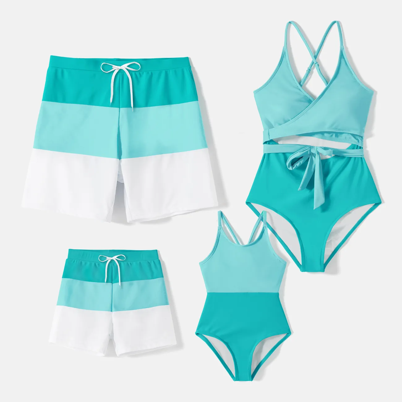 Family Matching Colorblock Self Tie One-piece Swimsuit and Swim Trunks Green big image 1