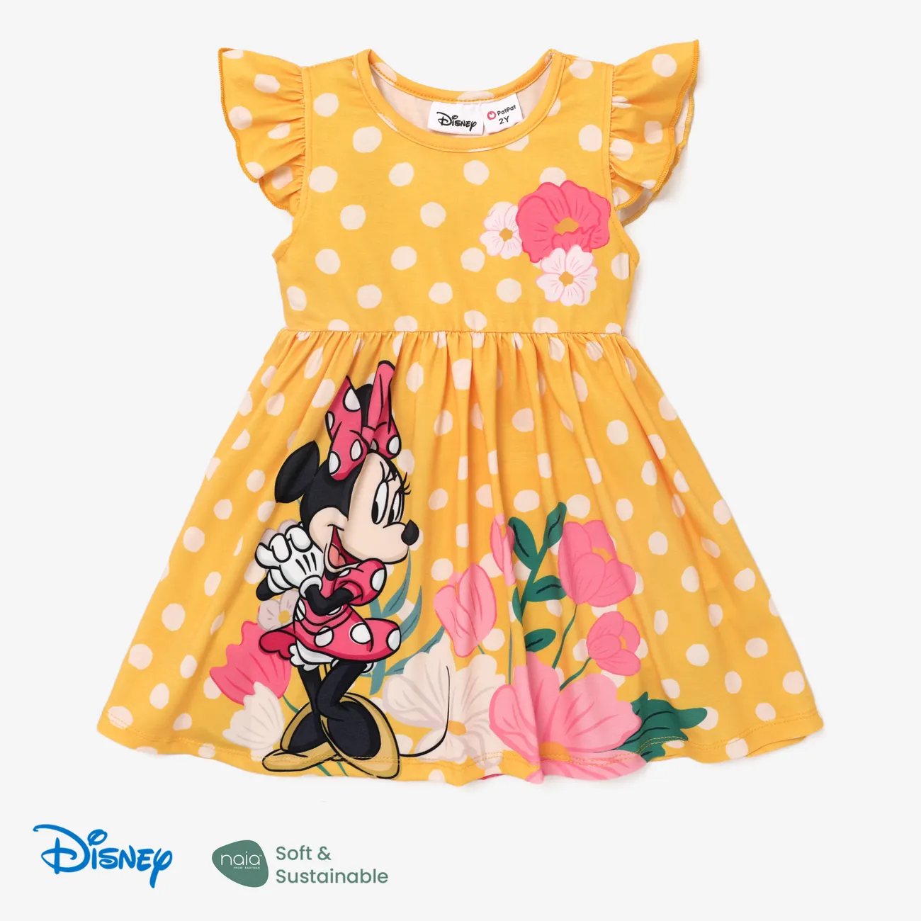 Disney Mickey and Friends Toddler Girl Naia™ Character Print Ruffled Sleeveless Dress Yellow big image 1