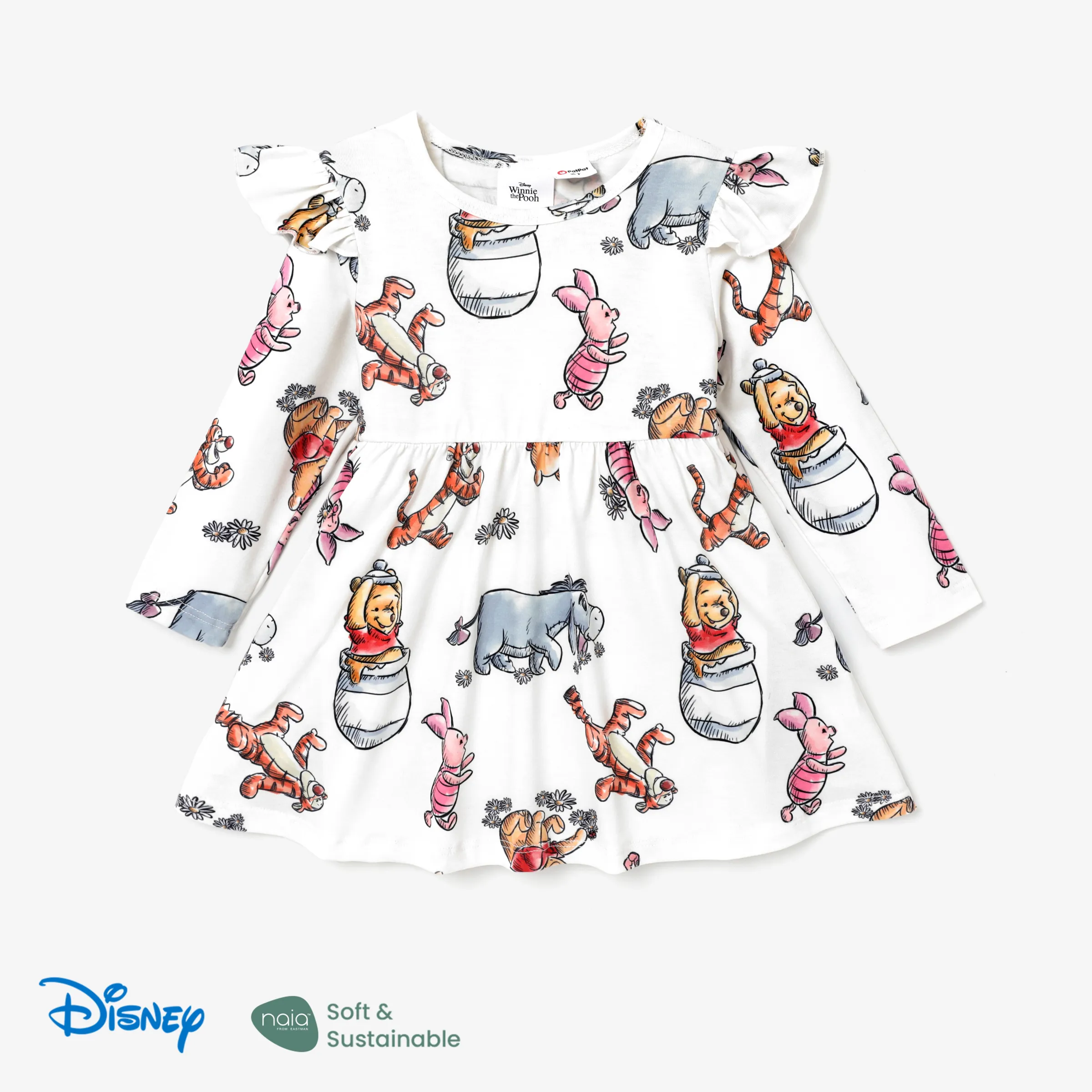 Disney Winnie the Pooh Toddler Girl Naia™ Character Print Ruffled Long-sleeve Dress White big image 1