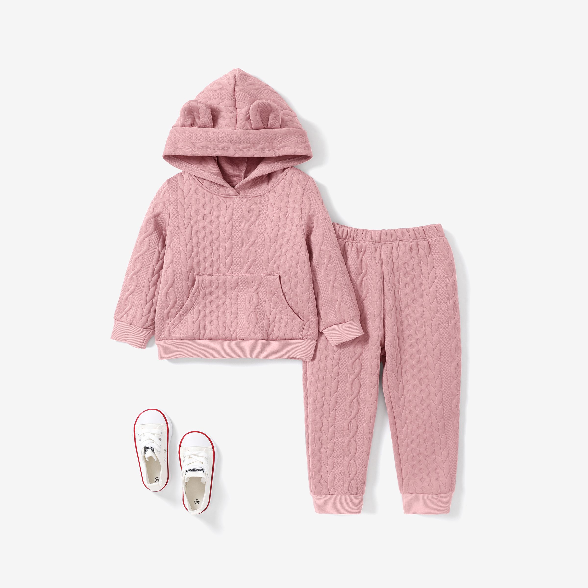 2pcs Toddler Girl's Solid Color Textured Material Hooded Causal Set With Cute Ear Design