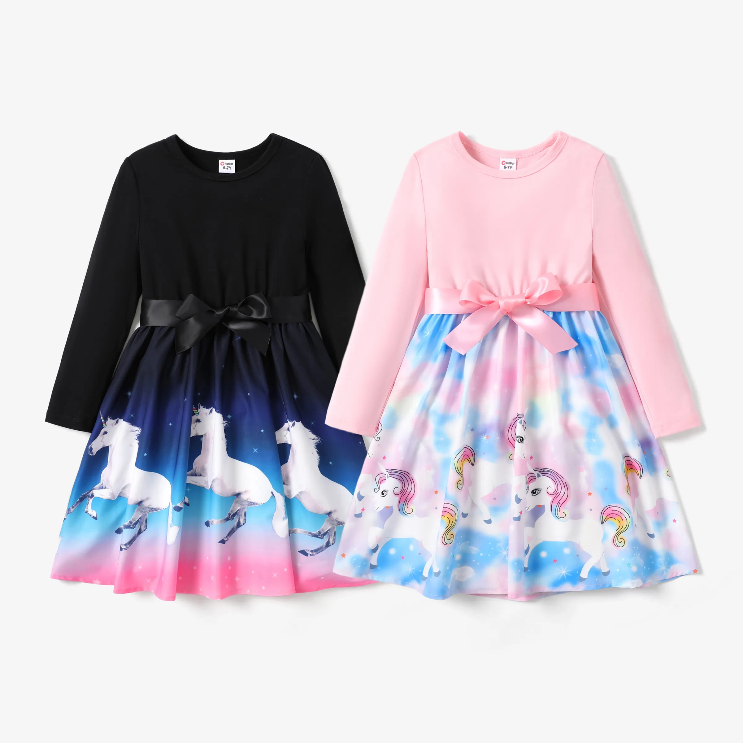 Kid Girl Sweet Unicorn Animal pattern Fabric Stitching Dress with Belt