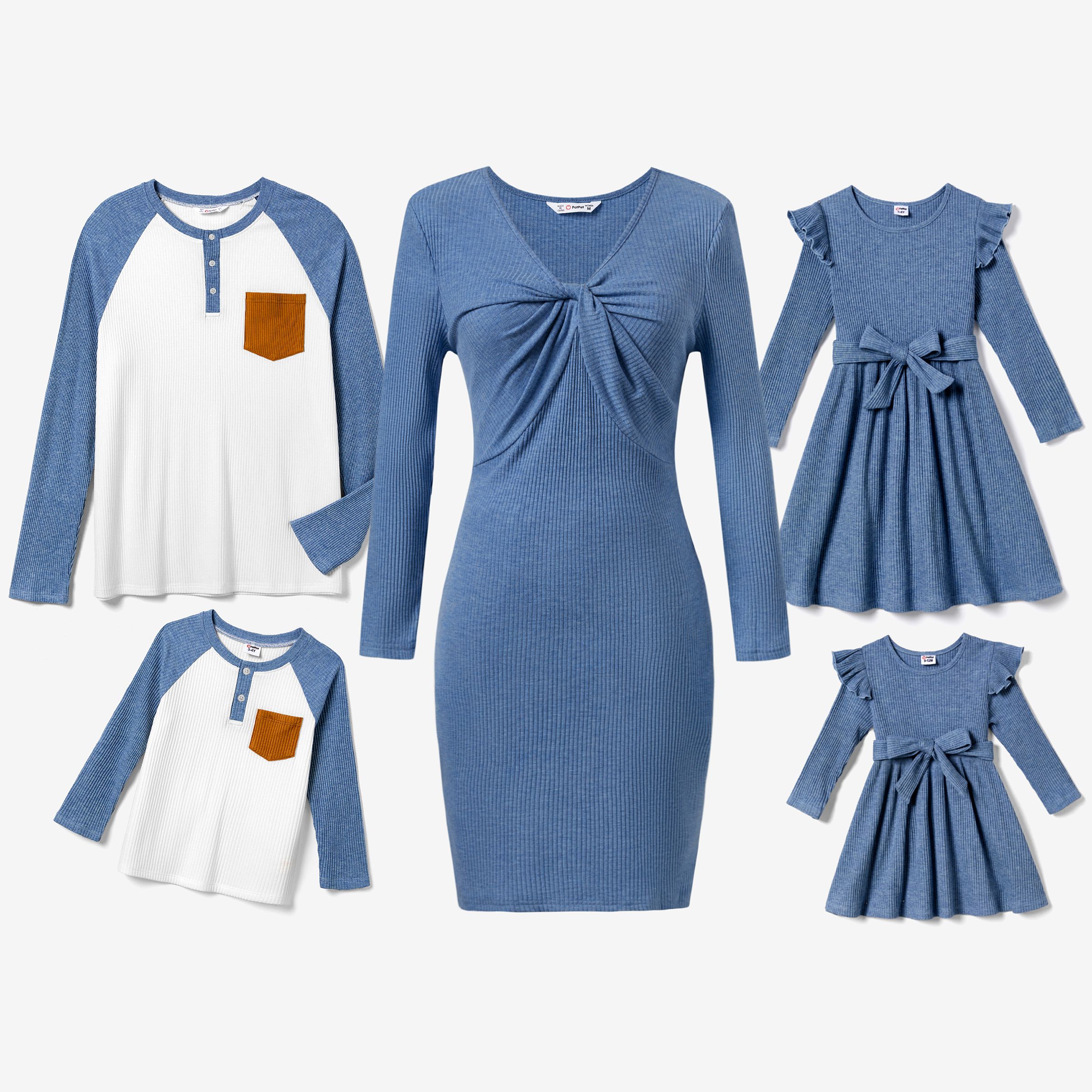 Family Matching Long-sleeve Buttons Front Patch Pocket Color-block T-shirts And Solid Blue Dresses Sets