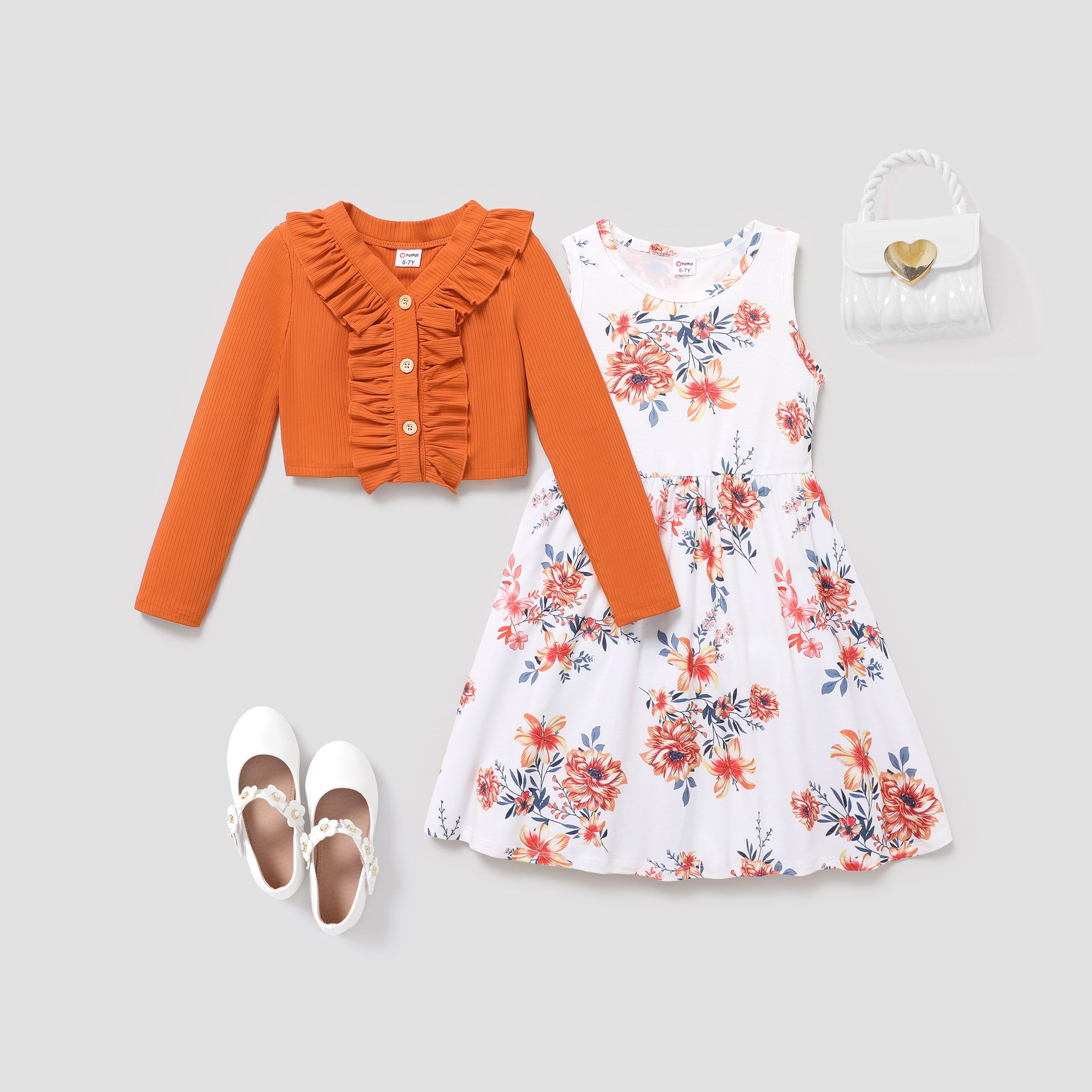 

2pcs Kid Girls Sweet Ruffle Coat and Plants and Floral Dress Set
