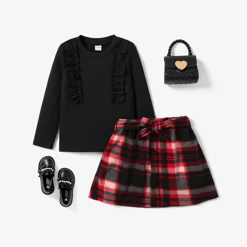 3pcs Kid Girl's Sweet Ruffle Edge Tshirt and Grid/Houndstooth Skirt Set with Belt 