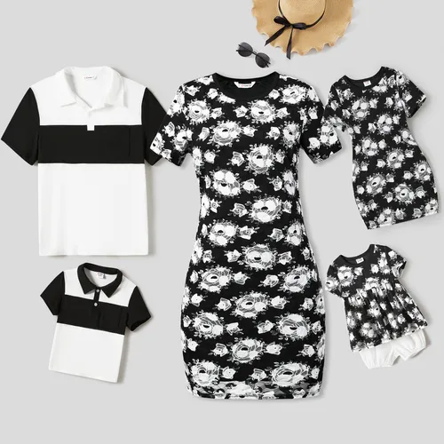 Family Matching Colorblock Short-sleeve Polo T-shirts and Allover Floral Print Lace Bodycon Dresses Sets