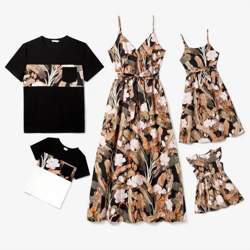 Family Matching Flower Pattern Graphic Colorblock Black T-Shirts and Floral Belted Slip Dresses Sets