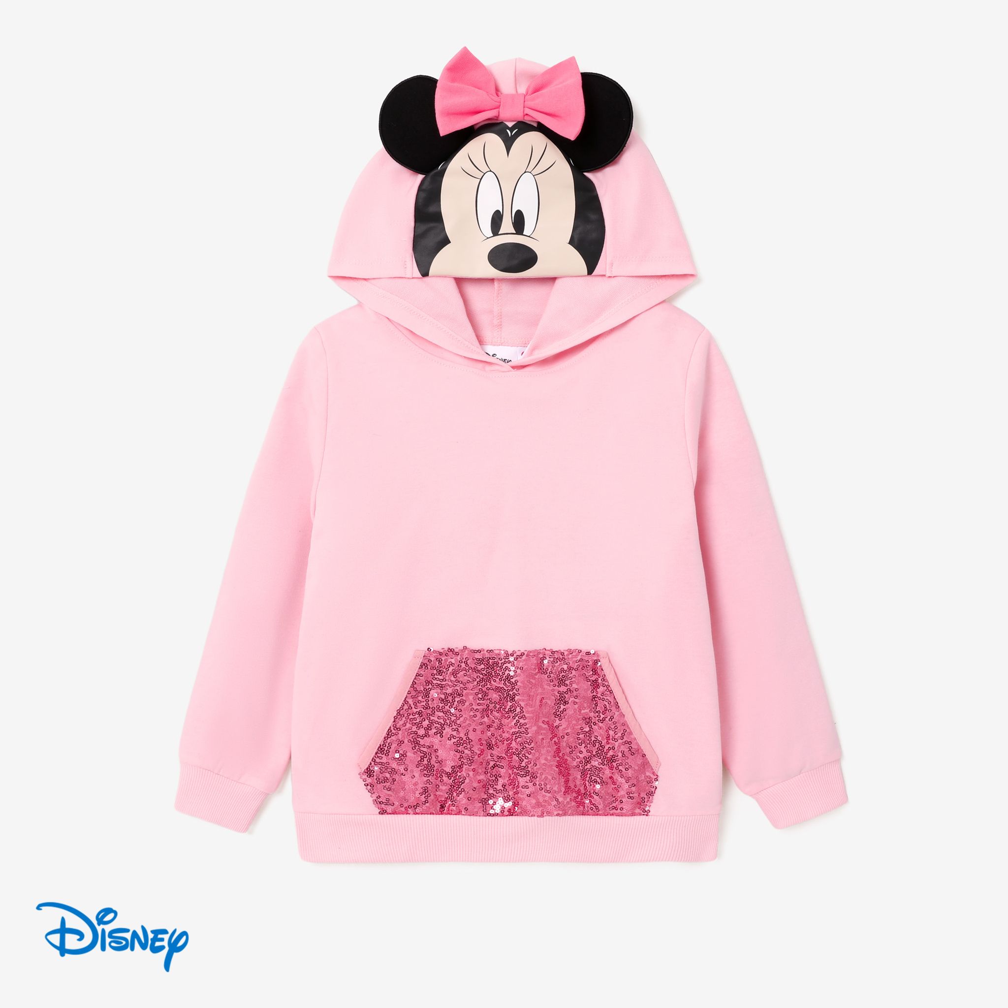 Disney Mickey And Friends Kid Girl Character Print Pop-up Ears Hat With Sequin-covered Pocket Hoodie