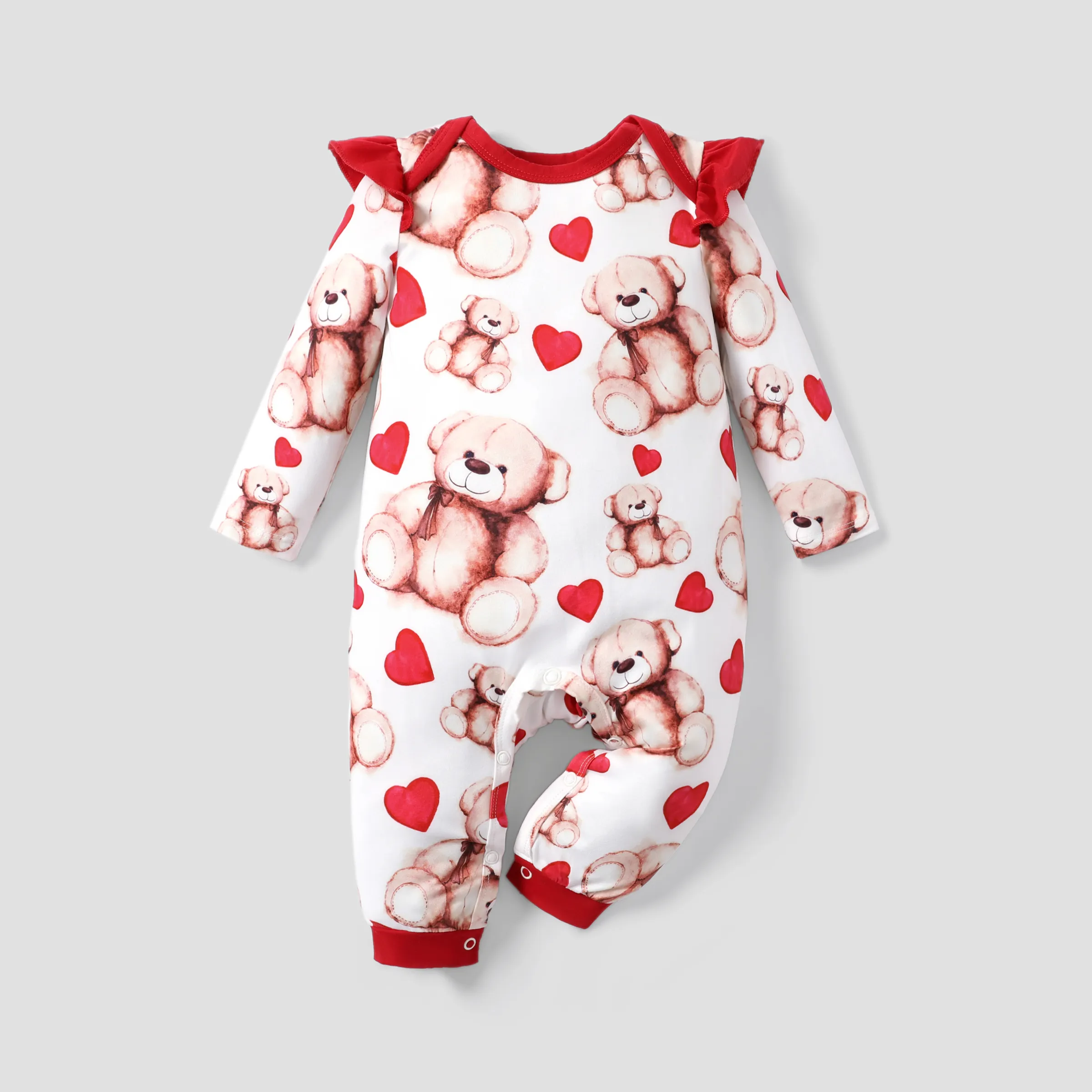 Baby Girl Valentine Sweet Bear and Polka Dot Print Jumpsuit