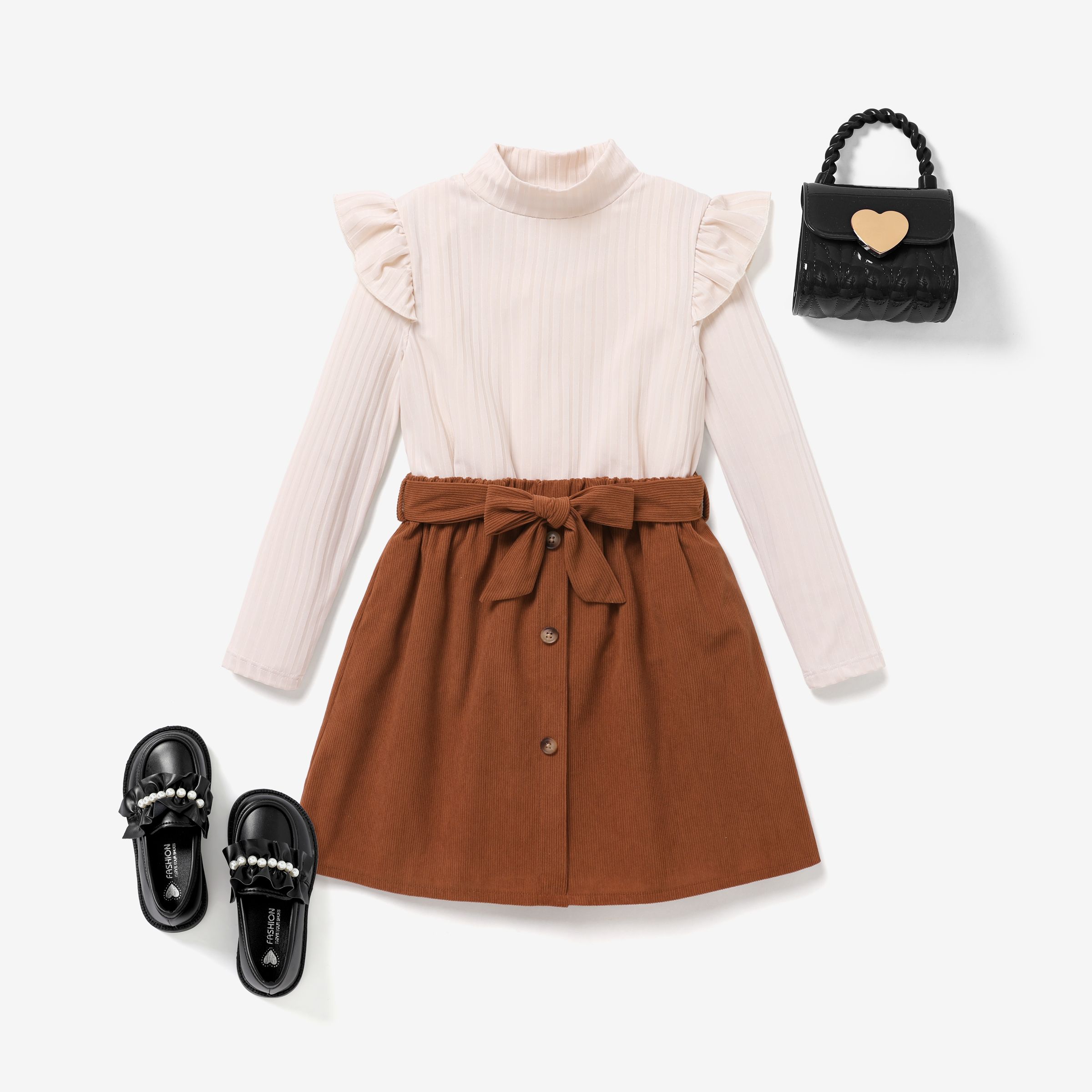3pcs Kid Girls Solid Color Flutter Sleeve Turtleneck Top And Skirt Suit With Belt