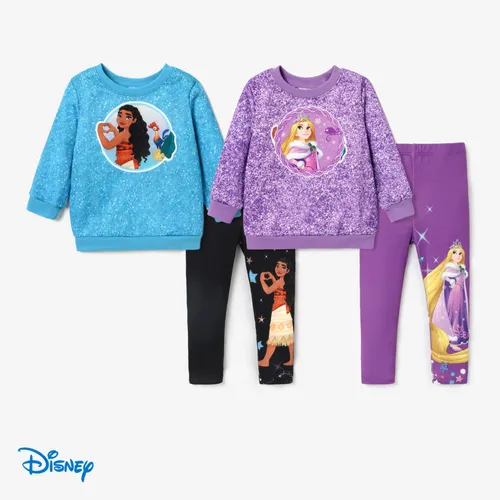 Disney Princess Matching Character Pattern Crew Neck Sweatshirt and Glitter Print Matching Leggings