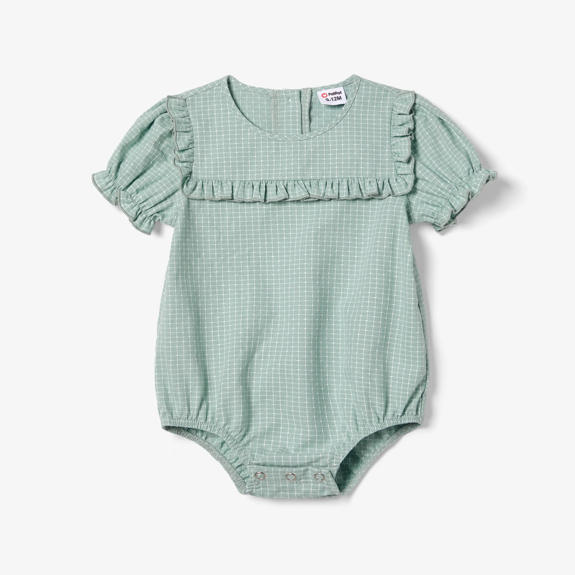 Mommy and Me Cotton Puff Sleeve Flutter Trim Elastic Neck Shirred Flowy Tiered Tiny Plaid Dresses Aqua image 2