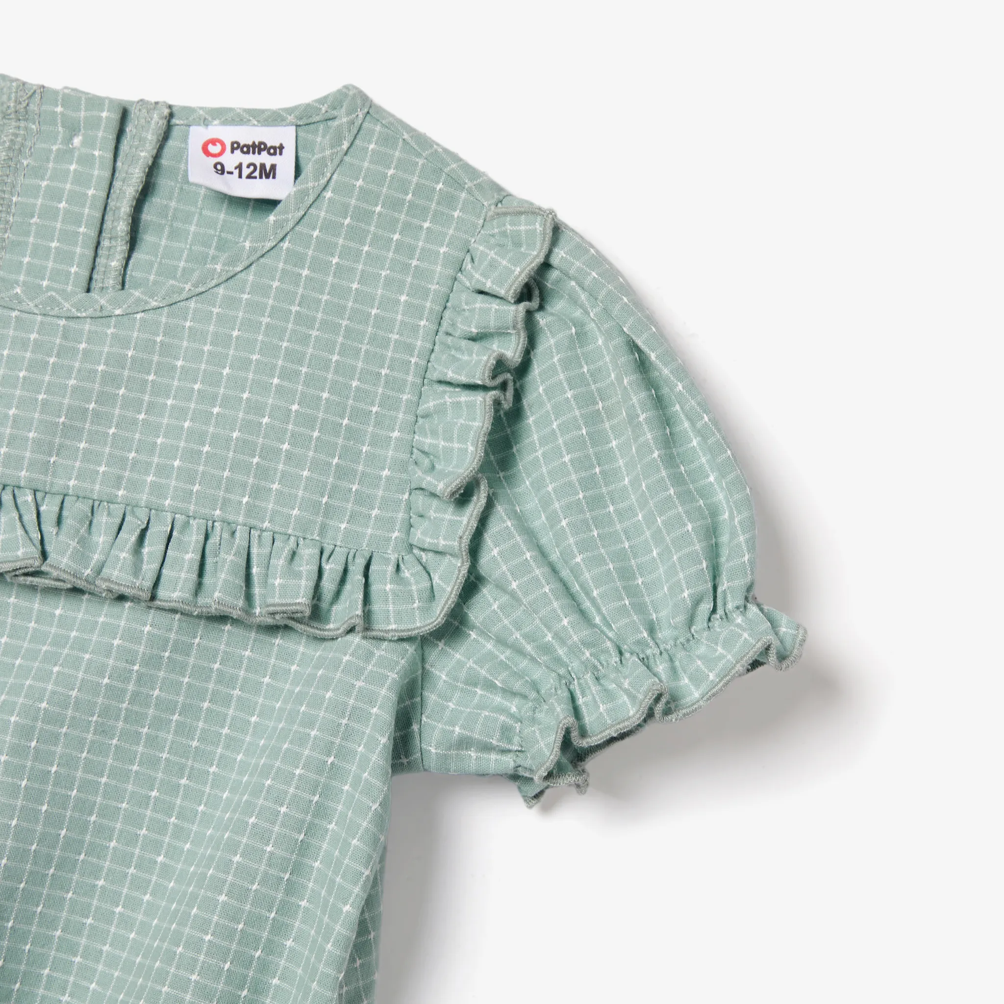 Mommy and Me Cotton Puff Sleeve Flutter Trim Elastic Neck Shirred Flowy Tiered Tiny Plaid Dresses Aqua image 4