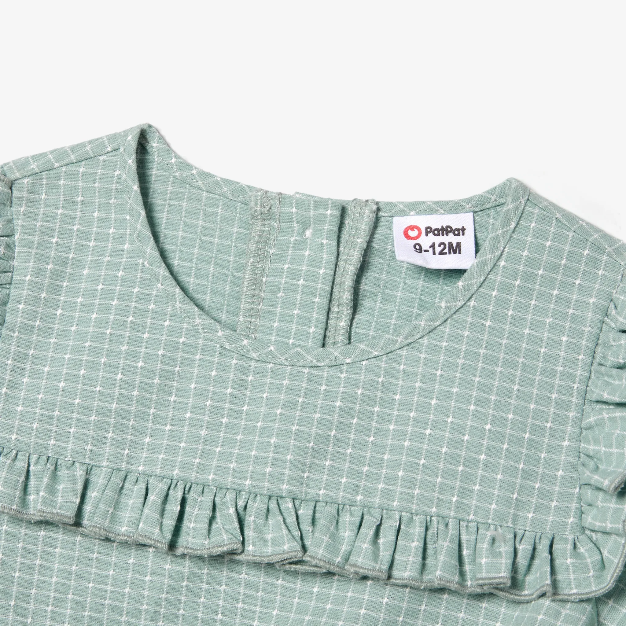 Mommy and Me Cotton Puff Sleeve Flutter Trim Elastic Neck Shirred Flowy Tiered Tiny Plaid Dresses Aqua image 3