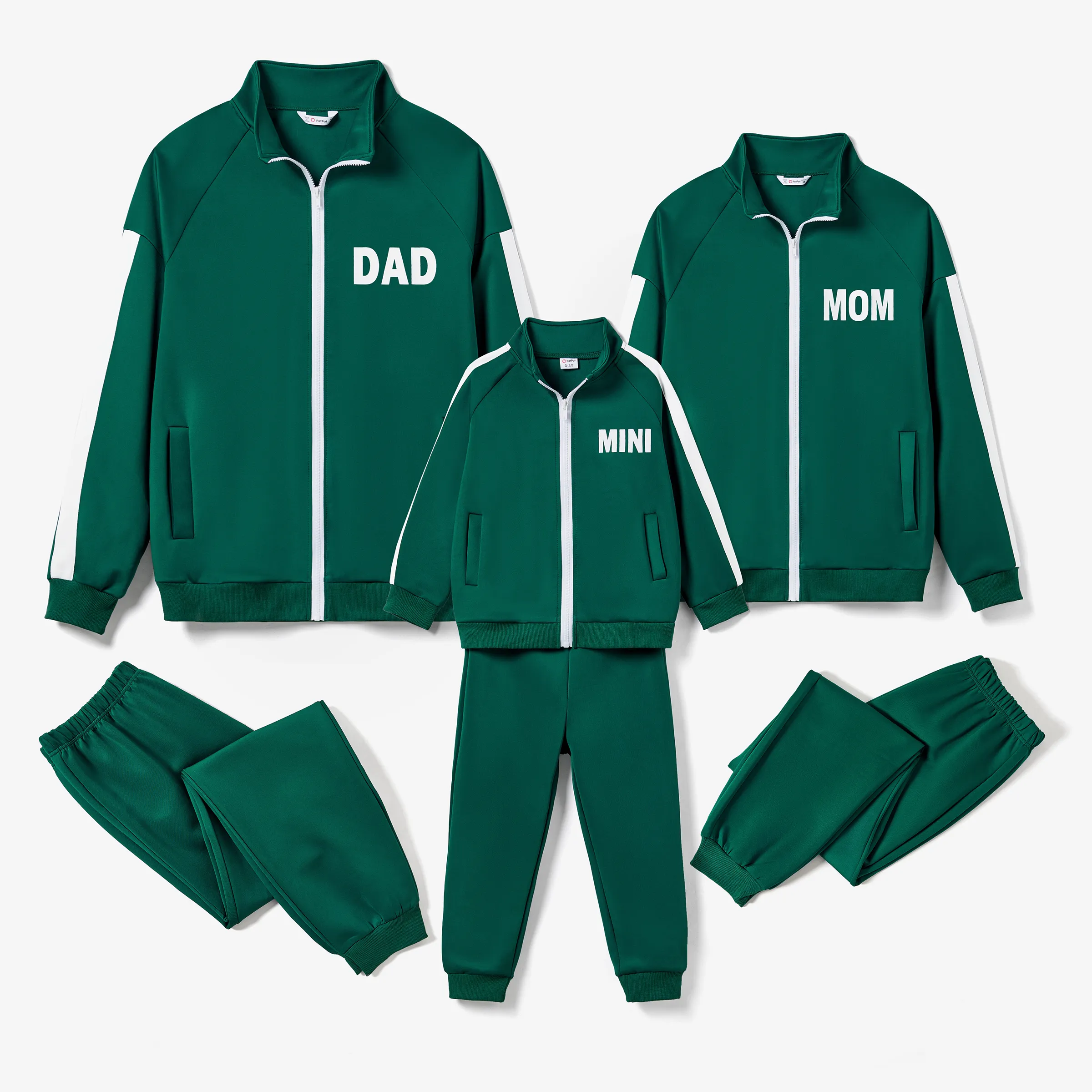 Family Matching Green Zipper Coat Tops And Pants Tracksuits Sets