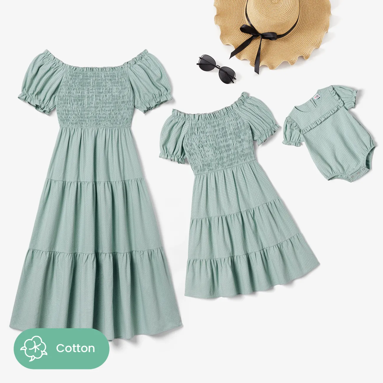 Mommy and Me Cotton Puff Sleeve Flutter Trim Elastic Neck Shirred Flowy Tiered Tiny Plaid Dresses Aqua big image 1
