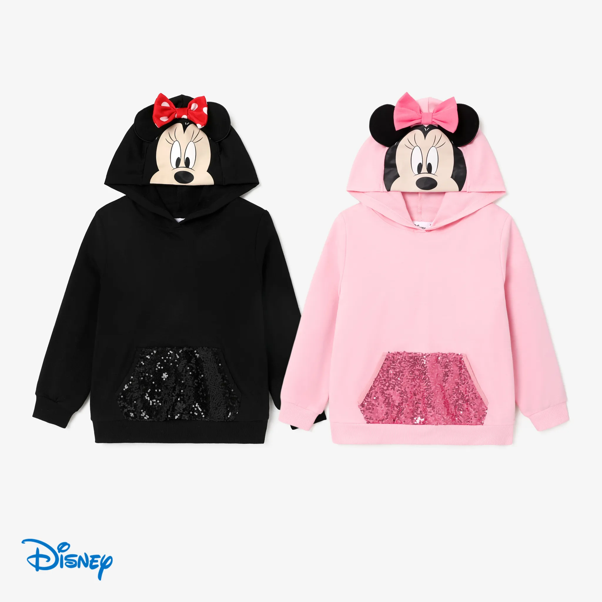 Disney Mickey and Friends Kid Girl Character Print Pop-up Ears Hat with Sequin-covered Pocket Hoodie