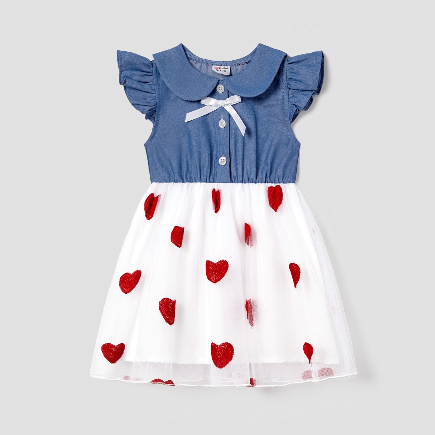 Mommy And Me Matching Heart Embroidered Mesh Splicing Denim Blue Sleeveless Dresses